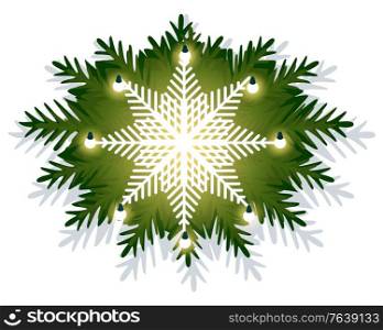 Christmas holiday celebration, vector decor. Garland of green fir branches. Xmas traditional decoration, illumination by light lamps on snowflake. Isolated festive decoration on white background. Christmas Decoration with Fir Branches and Lamps