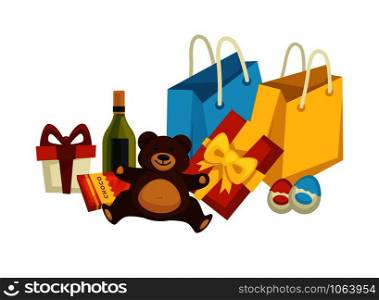 Christmas holiday celebration, xmas presents set with bags vector. Packages and presents, giftboxes decorated with ribbons, wine bottles, champagne alcoholic drinks and choco. Christmas holiday celebration, xmas presents set with bags vector.