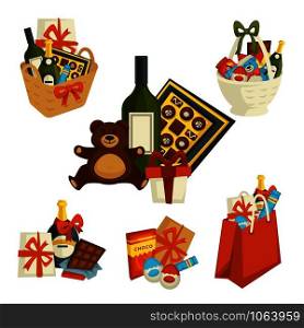 Christmas holiday celebration, xmas presents set with bags vector. Packages and presents, giftboxes decorated with ribbons, wine bottles, champagne alcoholic drinks and choco. Christmas holiday celebration, xmas presents set with bags vector.