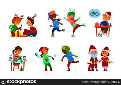 Christmas holiday children opening presents set vector. Skating rink with child, Santa Claus with helper and bag full of presents. Wish letter of boy. Christmas Holiday Children Opening Presents Set
