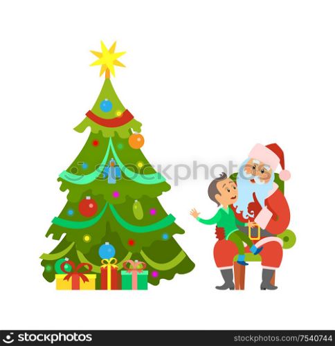Christmas holiday, decorated tree and Santa Claus with kid sitting on lap vector. Evergreen pine with baubles toys, shining star. Child making wish. Christmas Holiday, Decorated Tree and Santa Claus