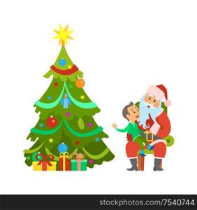 Christmas holiday, decorated tree and Santa Claus with kid sitting on lap vector. Evergreen pine with baubles toys, shining star. Child making wish. Christmas Holiday, Decorated Tree and Santa Claus