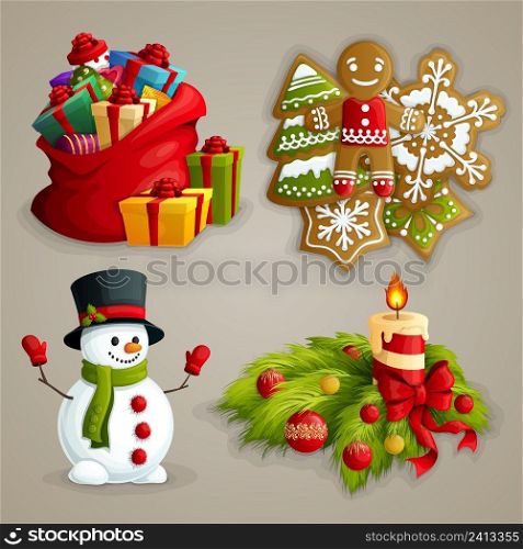 Christmas holiday decoration decorative icons set with gifts cookies snowman candle isolated vector illustration
