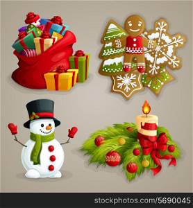 Christmas holiday decoration decorative icons set with gifts cookies snowman candle isolated vector illustration