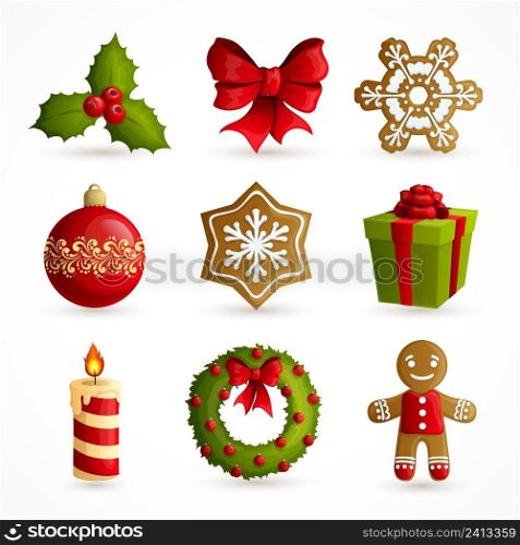 Christmas holiday decoration decorative icons set with mistletoe bow snowflake cookie isolated vector illustration