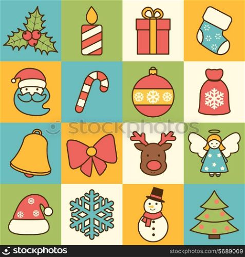 Christmas holiday decoration flat line icons set with mistletoe candle gift box sock isolated vector illustration
