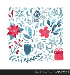 Christmas holiday decoration icons set with leaves, gift, flowers, mug and other items. Elements isolated vector illustration bundle for greeting card.. Christmas holiday decoration icons set with leaves, gift, flowers, mug and other items. Elements isolated vector illustration bundle for greeting card