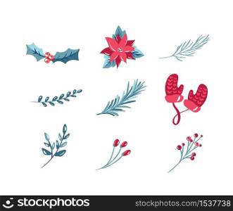 Christmas holiday decoration icons set with mistletoe bow snowflake. Elements isolated vector illustration.. Christmas holiday decoration icons set with mistletoe bow snowflake. Elements isolated vector illustration