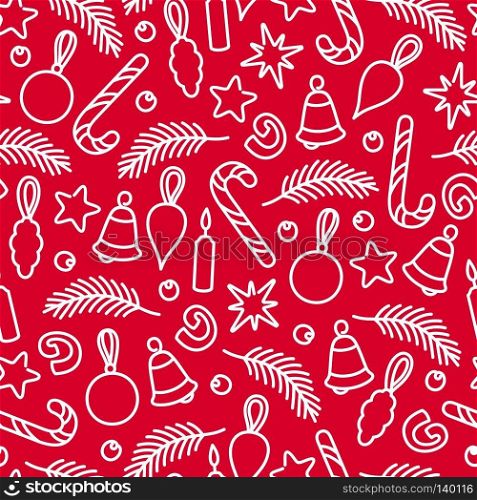Christmas Holiday decoration. Seamless pattern from linear doodle style elements. Trendy vector design. Christmas decoration pattern