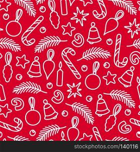Christmas Holiday decoration. Seamless pattern from linear doodle style elements. Trendy vector design. Christmas decoration pattern