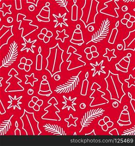 Christmas Holiday decoration. Seamless pattern of festive elements. Linear style design. Trendy vector. Christmas decoration pattern