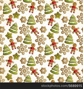 Christmas holiday decoration seamless pattern with sweet cookie trees snowflakes and ginger men vector illustration