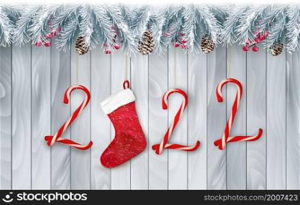 Christmas holiday decoration with branches of tree and christmas candy cone on wooden board. Vector.