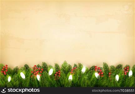 Christmas holiday decoration with branches of tree and garland. Vector.
