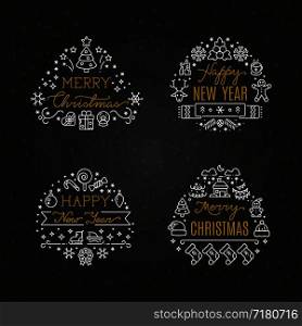 Christmas holiday decorative vector emblems with winter festive xmas line icons and greeting text on chalkboard. Illustration of new year emblem, holiday line xmas. Christmas holiday decorative vector emblems with winter festive xmas line icons and greeting text on chalkboard