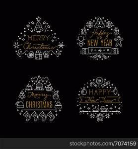 Christmas holiday decorative vector emblems with winter festive xmas line icons and greeting text. Christmas winter emblem and label, happy new year badge illustration. Christmas holiday decorative vector emblems with winter festive xmas line icons and greeting text