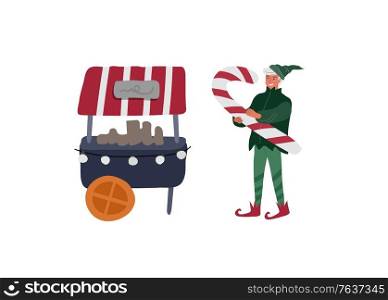 Christmas holiday Elf who holds big candy next to sweets stall. New Year card. Winter festive isolated Vector cartoon illustration. Christmas holiday greeting card with Elf who holds big candy next to sweets stall. New Year card with snowy cityscape. Winter landscape with festive typography. Vector cartoon