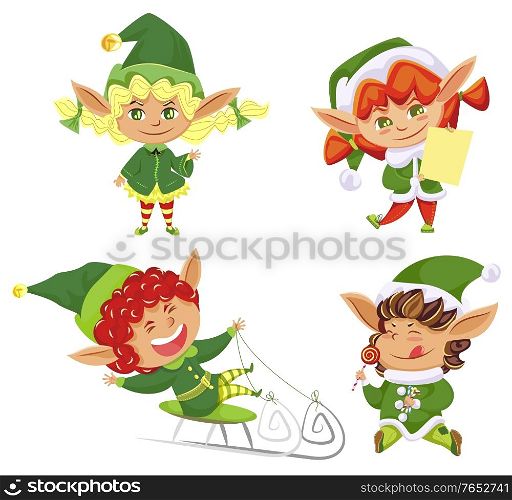 Christmas holiday, elves in hats, boys and girls, Santa helpers, isolated icons vector illustration. Dwarf sledging and licking lollipop or with gifts list. Imaginary creature, fairy tale characters. Elves or Santa Helpers Isolated Cartoon Characters