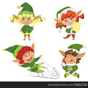 Christmas holiday, elves in hats, boys and girls, Santa helpers, isolated icons vector illustration. Dwarf sledging and licking lollipop or with gifts list. Imaginary creature, fairy tale characters. Elves or Santa Helpers Isolated Cartoon Characters
