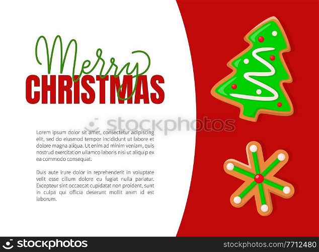 Christmas holiday, gingerbread green Xmas tree and snowflake cookie. New Year, sugar and glaze, dough, winter holiday crispy treat or dessert vector. Christmas, Gingerbread Xmas Tree and Snowflake