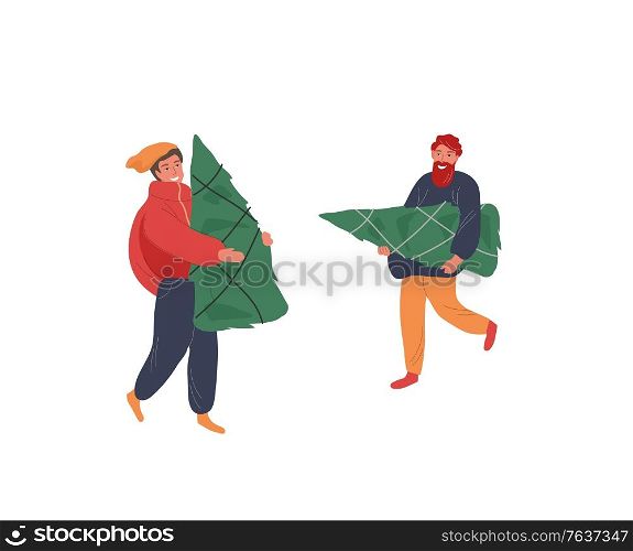 Christmas holiday greeting elements with people in winter clothes who carry tree. New Year card. Vector cartoon illustration isolated. Christmas holiday greeting elements with people in winter clothes who carry tree. New Year card. Vector cartoon