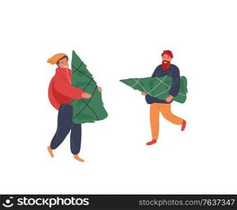 Christmas holiday greeting elements with people in winter clothes who carry tree. New Year card. Vector cartoon illustration isolated. Christmas holiday greeting elements with people in winter clothes who carry tree. New Year card. Vector cartoon
