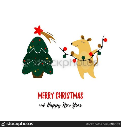 Christmas holiday greetings with cute mouse and pine tree. Holiday card. Christmas holiday greetings with cute funny mouse