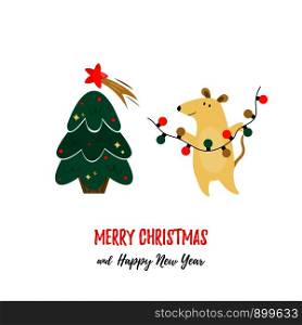 Christmas holiday greetings with cute mouse and pine tree. Holiday card. Christmas holiday greetings with cute funny mouse