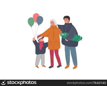 Christmas holiday happy family with child and gifts. New Year card with snowy cityscape. Winter isolated Vector cartoon illustration. Christmas holiday happy family with child and gifts. New Year card with snowy cityscape. Winter isolated Vector cartoon