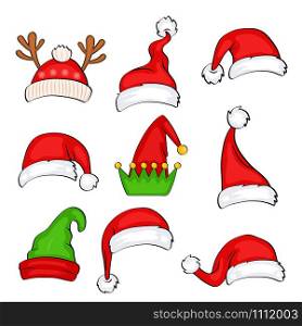 Christmas holiday hat. Funny elf, snow reindeer and Santa Claus hats wearing for noel sign. Elves fur cap clothes, decoration xmas costume cartoon isolated vector icon set