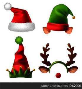 Christmas holiday hats. Santa claus red cute cap, snow reindeer and elves fur hat. Funny winter celebration headwear realistic vector kids wearing accessories set for carnival. Christmas holiday hats. Santa claus red cute cap, snow reindeer and elves fur hat. Funny winter celebration headwear realistic vector set