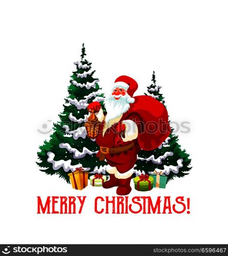Christmas holiday icon of Santa Claus with gift. Santa with Xmas tree, candle lantern and red bag, snowflake, present box and red ribbon bow for New Year winter holiday celebration design. Christmas holiday icon of Santa Claus with gift
