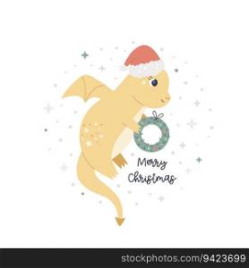Christmas holiday illustration with adorable dragon in a santa hat. Seasonal print with cute magic character symbol of 2024 year. Christmas holiday illustration with adorable dragon in a santa hat