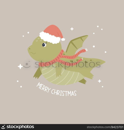 Christmas holiday illustration with adorable dragon in a santa hat. Seasonal print with cute magic character symbol of 2024 year. Christmas holiday illustration with adorable dragon in a santa hat