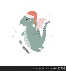 Christmas holiday illustration with adorable dragon in a santa hat. Seasonal print with cute magic character symbol of 2024 year. Christmas holiday illustration with adorable dragon in a santa hat