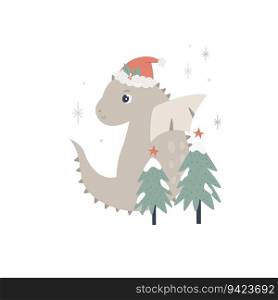Christmas holiday illustration with adorable dragon in a santa hat. Seasonal print with cute character. Christmas holiday illustration with adorable dragon in a santa hat