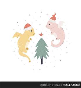 Christmas holiday illustration with adorable dragon in a santa hat. Seasonal print with cute character. Christmas holiday illustration with adorable dragon in a santa hat