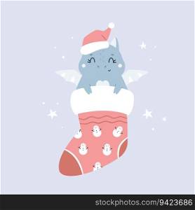 Christmas holiday illustration with adorable dragon in a santa hat sitting in a sock. Seasonal print with cute magic character symbol of 2024 year. Christmas holiday illustration with adorable dragon in a santa hat sitting in a sock