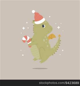 Christmas holiday illustration with adorable dragon in a santa hat with candy stick. Seasonal print with cute character. Christmas holiday illustration with adorable dragon in a santa hat with candy stick