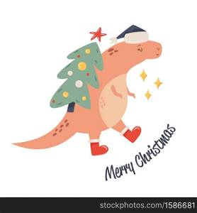 Christmas holiday illustration with fir tree and cute dinosaur in boots and scarf. Cartoon print or greeting card. Christmas holiday illustration with fir tree and cute dinosaur in boots and scarf.