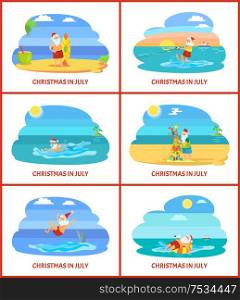 Christmas holiday in summer, Santa Claus on beach vector. Parents and gifts in form of celebration tree, surfing winter character by coast, cocktail. Christmas Holiday in Summer, Santa Claus on Beach