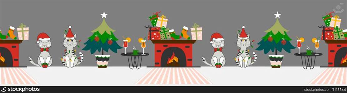 Christmas holiday living room with fireplace and cute cats seamless banner vector design