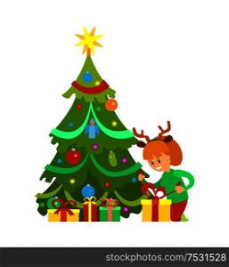 Christmas holiday New Years eve, girl decorated pine tree vector. Gift with bow wrapped in decoration paper. Happy kid sitting by fir with star on top. Christmas Holiday New Year Eve, Girl and Tree