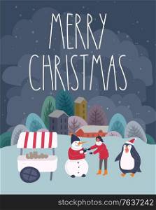Christmas holiday outdoor fair or street with Santa, penguin and snowman which give cacao to girl . New Year greeting cards with snowy cityscape. Landscape with typography. Vector cartoon illustration. Christmas holiday outdoor fair or street with Santa, penguin and snowman which give cacao to girl . New Year greeting cards with snowy cityscape. Landscape with typography. Vector cartoon