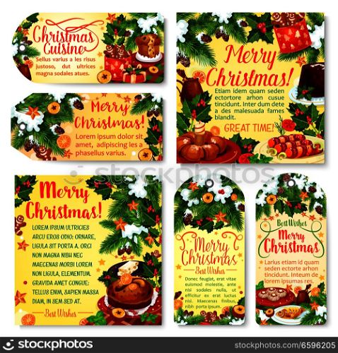 Christmas holiday party tag and greeting card set. Xmas cookie, cake, pudding and mulled wine festive table, decorated with Xmas tree and holly branch, star, snow and ribbon for winter holidays design. Christmas holiday party tag and greeting card