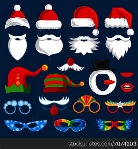 Christmas holiday photo booth props vector collection. Xmas santa party photography prop set. Xmas holiday photo booth elements costume and beard with nose illustration. Christmas holiday photo booth props vector collection. Xmas santa party photography prop set
