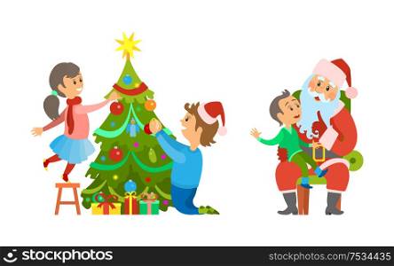 Christmas holiday preparation and tree decoration by family vector, Father and daughter spending time together by pine, Santa Claus and kid on laps. Christmas Holiday Preparation and Tree Decoration