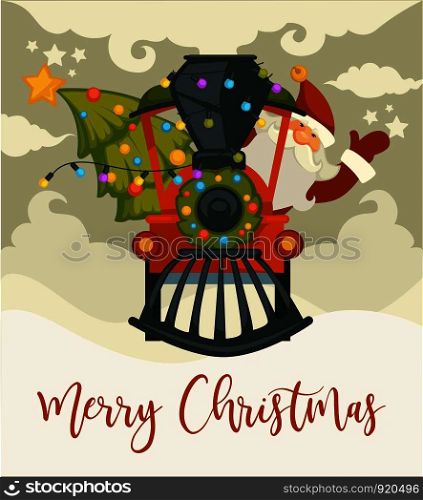 Christmas holiday preparation Santa Claus with evergreen tree riding old locomotive vector winter character driving steam train holding decorated fir spruce snowfall and cold weather outside.. Christmas holiday preparation Santa Claus with evergreen tree riding old locomotive vector winter character