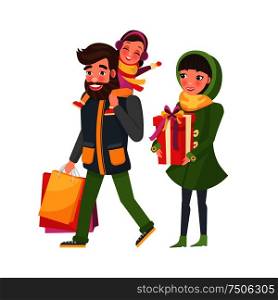 Christmas holiday preparation shopping process vector. Family mother holding present in box, father with daughter carrying paper packages with gifts. Christmas Holiday Preparation Shopping Process