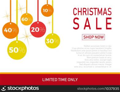 Christmas holiday sale on flat background with balls. Limited time only. Template for a banner, shopping, discount. Vector illustration for your design